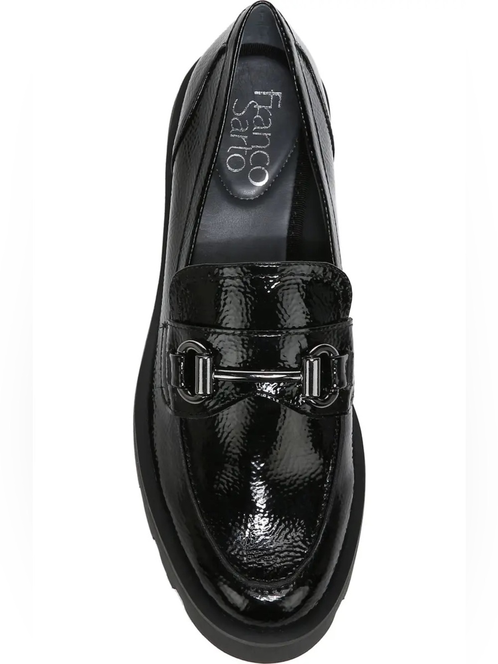 Franco Sarto Black Patent Leather Bit Loafer with Silver Hardware